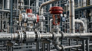 Pneumatic and motorized industrial ball and control valves installed in high pressure chemical piping