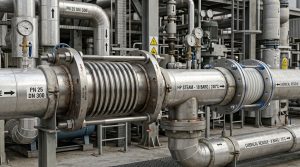 Multi-ply metallic expansion bellows with tie rods in high temperature industrial piping